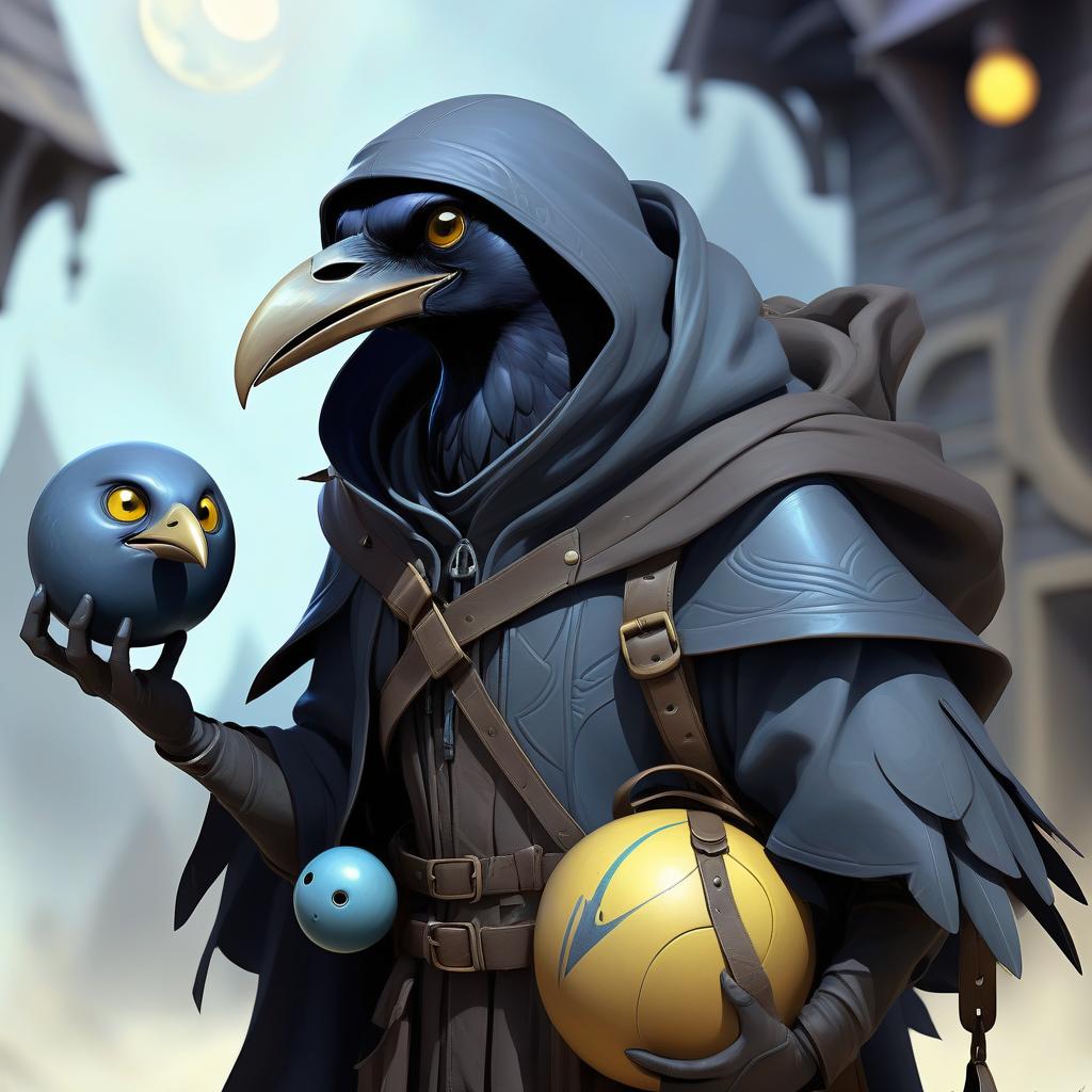  ethereal fantasy concept art of black with blue tint avian humanoid race with raven head alchemist, cape, mischievous yellow eyes, smiling, rags and leather cloak with lots of pockets, big backpack with pockets, black bowling ball in hand . magnificent, celestial, ethereal, painterly, epic, majestic, magical, fantasy art, cover art, dreamy