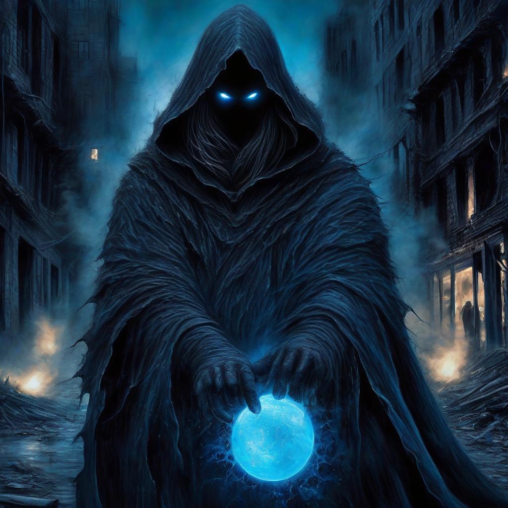  macabre style ultra realistic drawing of all the details. a male stalker, in his hands a round sphere emitting blue light, in a black long cloak, in a hood, in full growth. in a destroyed post apocalyptic city with buildings destroyed by flames. . dark, gothic, grim, haunting, highly detailed, perfecteyes, perfect hands