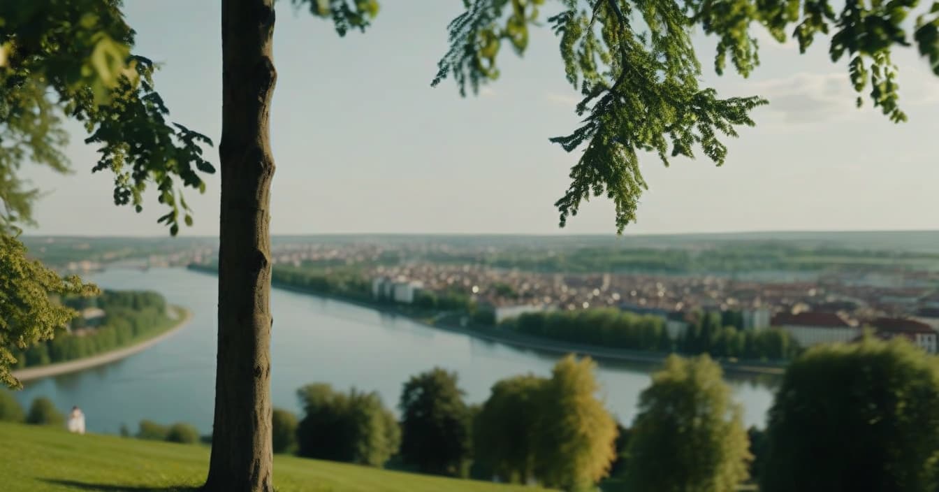  cinematic photo realistic landscape on a hill, metropolis in the distance, left linden tree and right linden tree, sunny summer day, wide angle camera, park, lake reflects trees, cinematic, top view . 35mm photograph, film, bokeh, professional, 4k, highly detailed