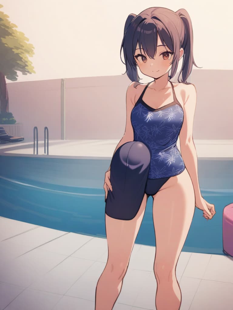  women's elementary students (with male), twin tails, cute smiles, rich s, short stature, dark blue swimwear, old swimwear, swimwear, simple, (swelling), upward, (bulge), front, whole body, pool side,