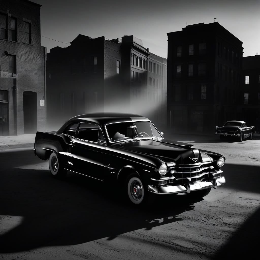  film noir style Изящный, брутальный cadillac mustang bronco . monochrome, high contrast, dramatic shadows, 1940s style, mysterious, cinematic