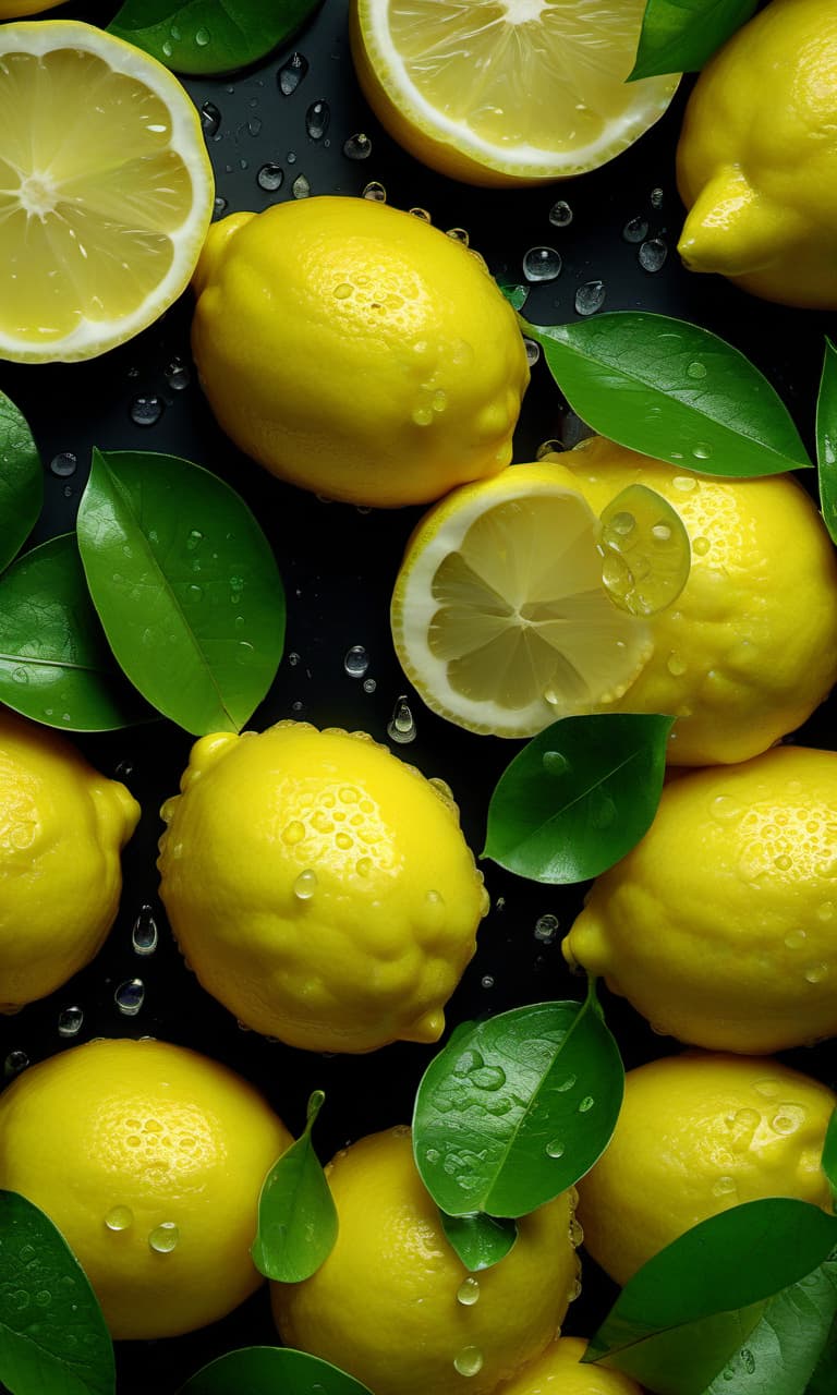  hyperrealistic art juicy yellow lemons with dew drops and green leaves, many, on a black background, shot at a distance of 100 cm, hyperrealistic, professional photo, 5d, realistic, 64k, high resolution, high detail, bright and juicy, bright lighting, aesthetically pleasing, beautiful . extremely high resolution details, photographic, realism pushed to extreme, fine texture, incredibly lifelike