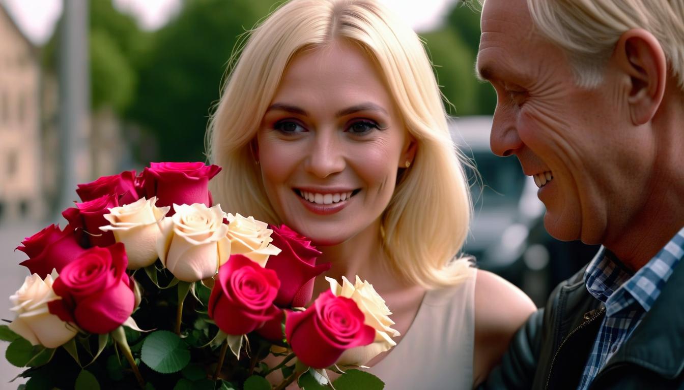  cinematic photo photorealism, high definition portrait, a man aged 50 gives a bouquet of roses to a blonde woman . 35mm photograph, film, bokeh, professional, 4k, highly detailed, perfect hands