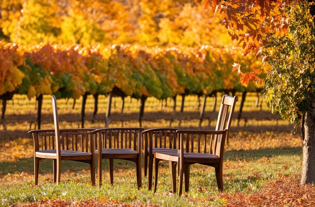  professional detailed photography, in the autumn foliage season at charlottesville winery vineyard in the blue ridge mountains of virginia, wooden chairs are filled with empty seats. ar 3:2, (muted colors, dim colors, soothing tones), (vsco:0.3)