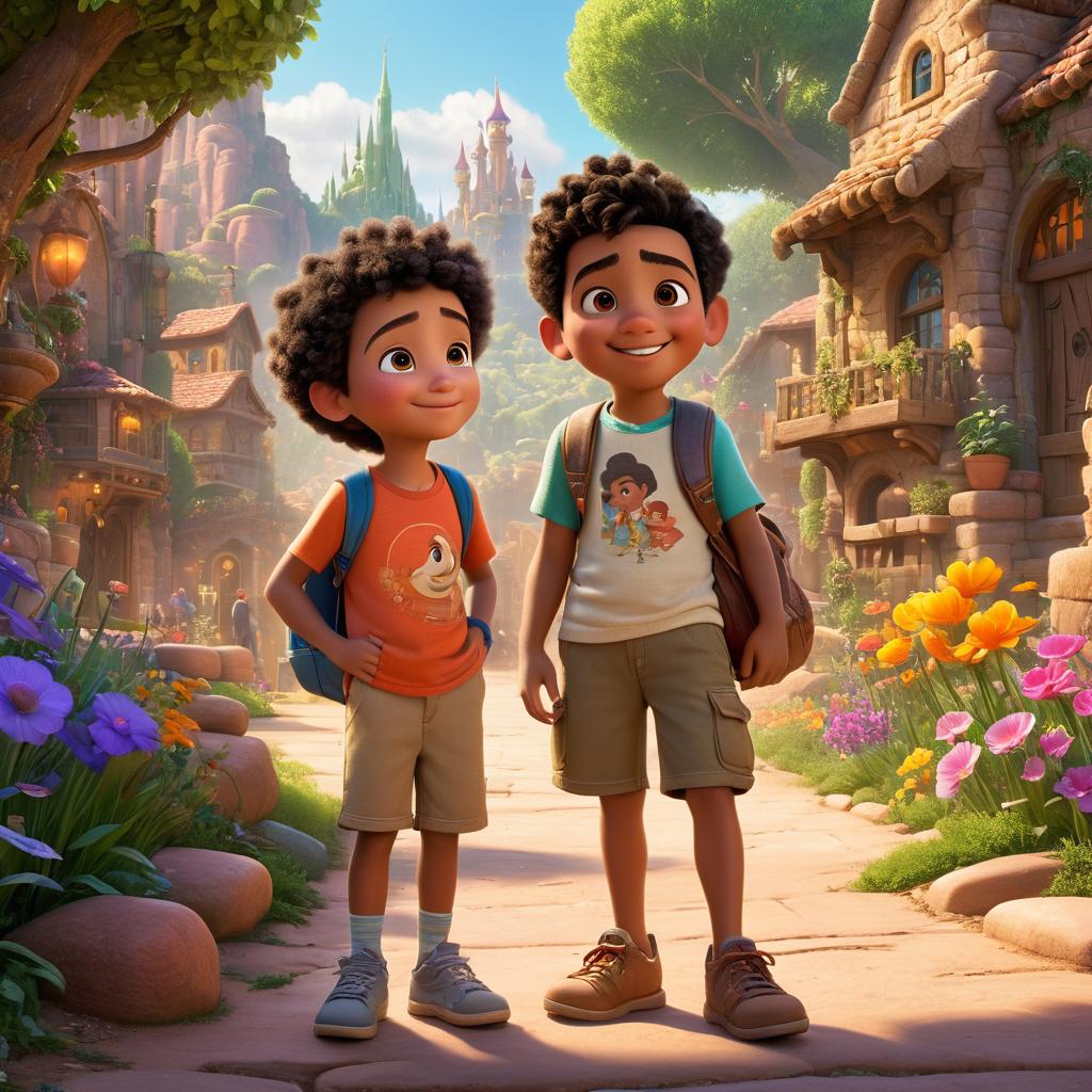  in 3d animated movie style. disney pixar style. {"subject description": " old hamza, wearing casual t shirt and shorts, appears curious, determined, and kind hearted, alongside pixel the pixie, a and loyal ageless character.","environment description": "virtual terrain of a fantastical game land with vint colors and magical elements hinting at a mysterious quest.","art style": "maintain high resolution detailed rendering akin to pixar animation for lifelike textures and expressive characters.","color and light": "bright soft lighting to enhance whimsical warm feel and colorful palette for magical setting.","camera angle and composition": "dynamic perspective, capturing hamza and pixel from slightly elevated angle to emphasi