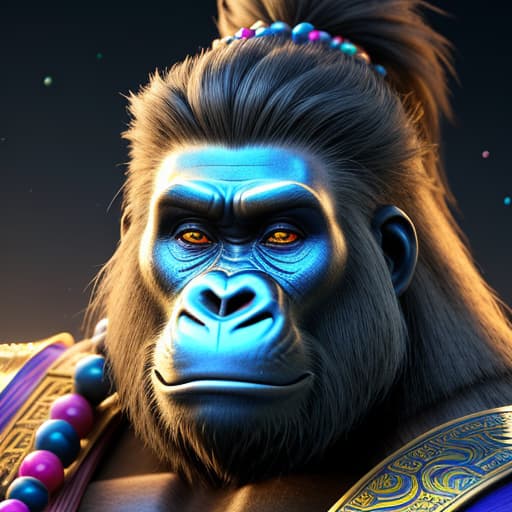  ((Wizard samurai handsome hippie gorilla hair styles with stick in 4K 3DHer eyes are marbles and her is shiny glass. 3D 4K uhd Realistic marblelight shine light spread art glass parts on sky)))