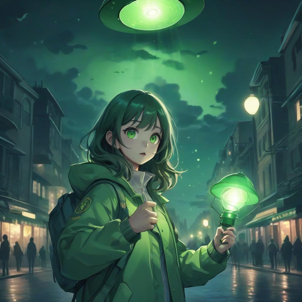  girl in anime style with a flashlight in her hands in a green jacket, green color, street, night, bright lantern, flying saucer in the sky, full moon