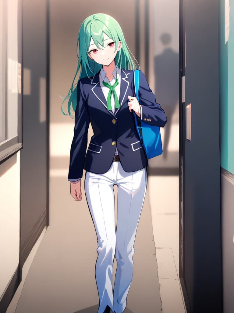  ((beautiful young man:2.0))(beautiful green hair color:1.7)(super handsome:2.0)(high school boy:2.0)smile(in school blazer and pants:2.0)(tall and skinny body:1.9)(at school gate)masterpiece,high quality,16k,super analysis