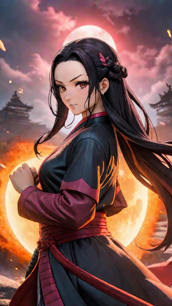  nezuko kamado from demon slayer faces off against the terrifying upper moons with her explosive blood demon art. hyperrealistic, full body, detailed clothing, highly detailed, cinematic lighting, stunningly beautiful, intricate, sharp focus, f/1. 8, 85mm, (centered image composition), (professionally color graded), ((bright soft diffused light)), volumetric fog, trending on instagram, trending on tumblr, HDR 4K, 8K