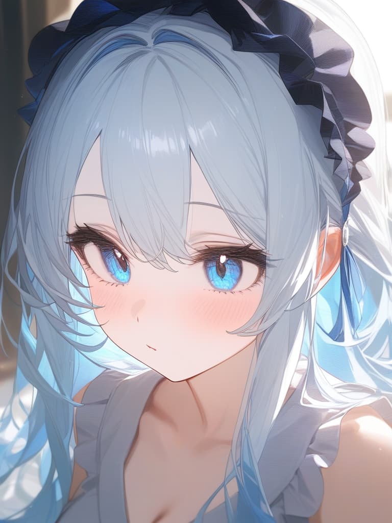  girls, white skin, white hair, long hair, light blue gradation hair color, light blue eyes, headdress, frill, short yukata, face focus, masterpiece, best quality,8k,ultra detailed,high resolution,an extremely delicate and beautiful,hyper detail