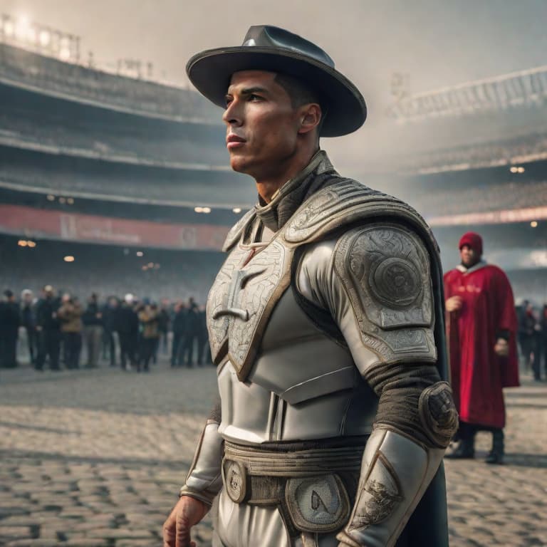  ronaldo hyperrealistic, full body, detailed clothing, highly detailed, cinematic lighting, stunningly beautiful, intricate, sharp focus, f/1. 8, 85mm, (centered image composition), (professionally color graded), ((bright soft diffused light)), volumetric fog, trending on instagram, trending on tumblr, HDR 4K, 8K