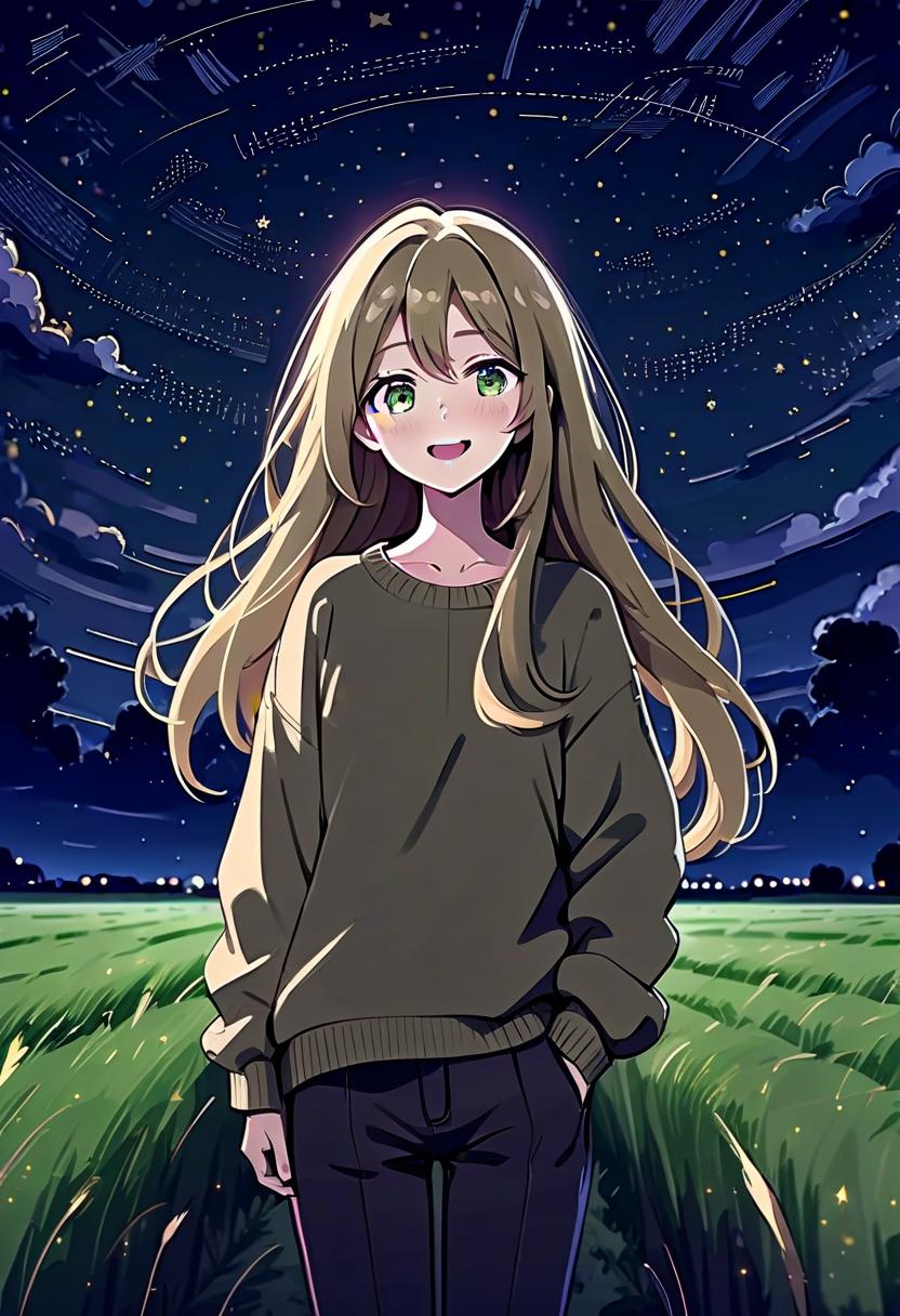  architectural style a girl in anime style with long hair stands in the middle of the field at night wearing a khaki sweater and pants. the girl looks at the starry sky at night, her eyes are full of joy. her face is happy, but her teeth are not visible when she smiles. not full height . clean lines, geometric shapes, minimalist, modern, architectural drawing, highly detailed