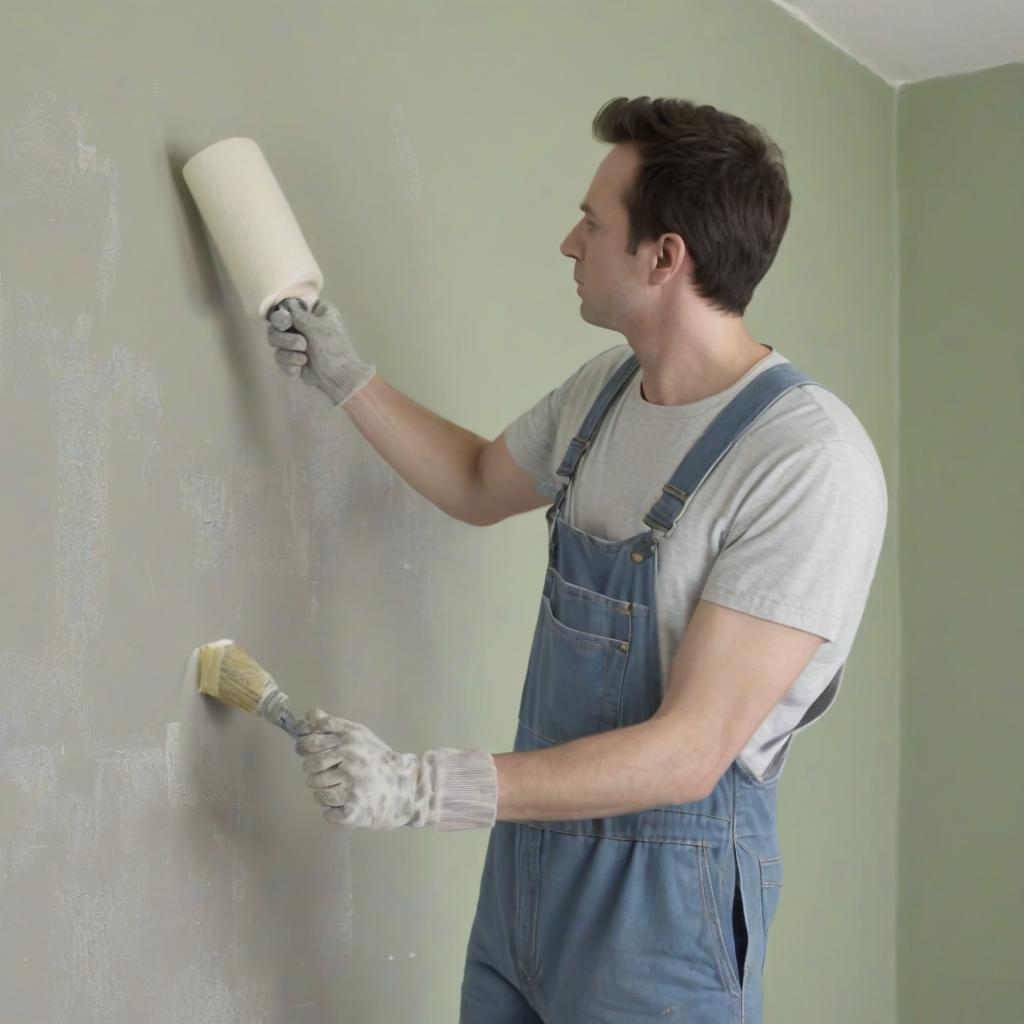  a man in overalls paints a wall with one roller