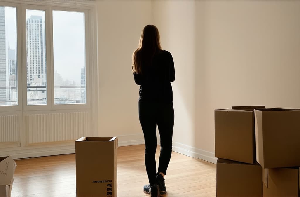  professional detailed photography, a woman stands in an empty apartment, paper boxes on the floor, moving. bright room ar 3:2, (muted colors, dim colors, soothing tones), (vsco:0.3)