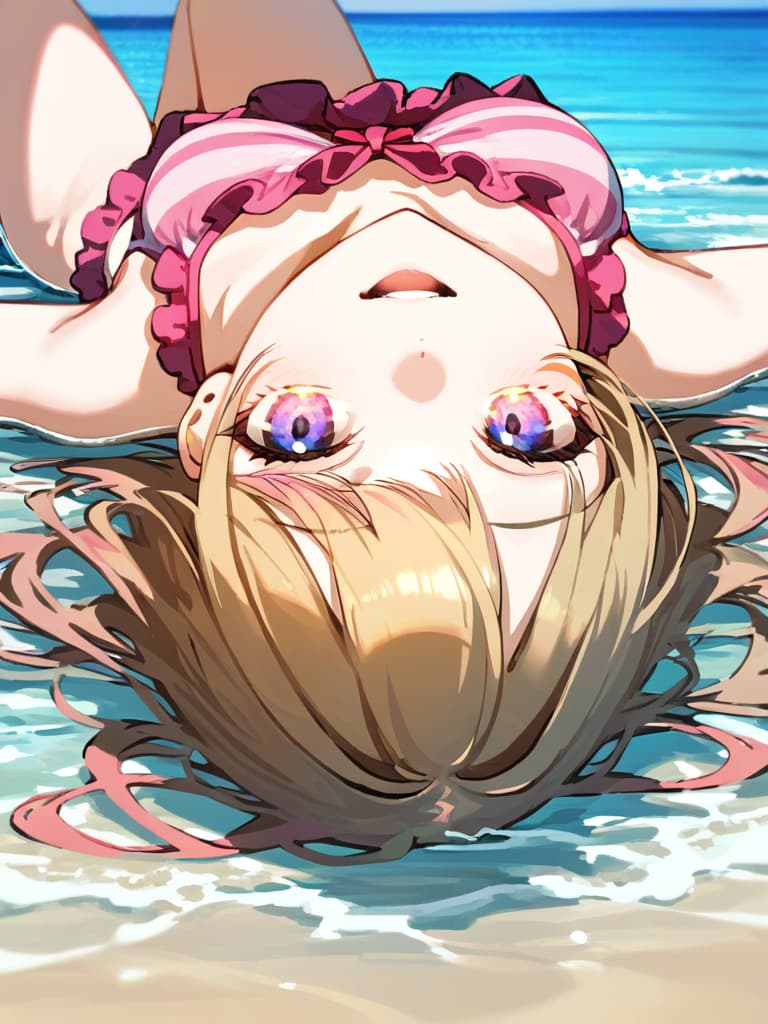  ultra detailed:1.2,masterpiece:1.2,best quality,masterpiece,bestquality,hdr:1.1,8k:1.1,very cute girl:1.3,(pink color,frill ,swimwear:1.6),(lying,at striped float bed on sea:1.8) ,smile:1.4 ,(blonde hair,twin tail,drill hair:1.3) ,(on the sea:1.7),upper body:1.3,dutch angel:1.5,open mouth,(upside down:1.4)((eyes highlight:1.1))