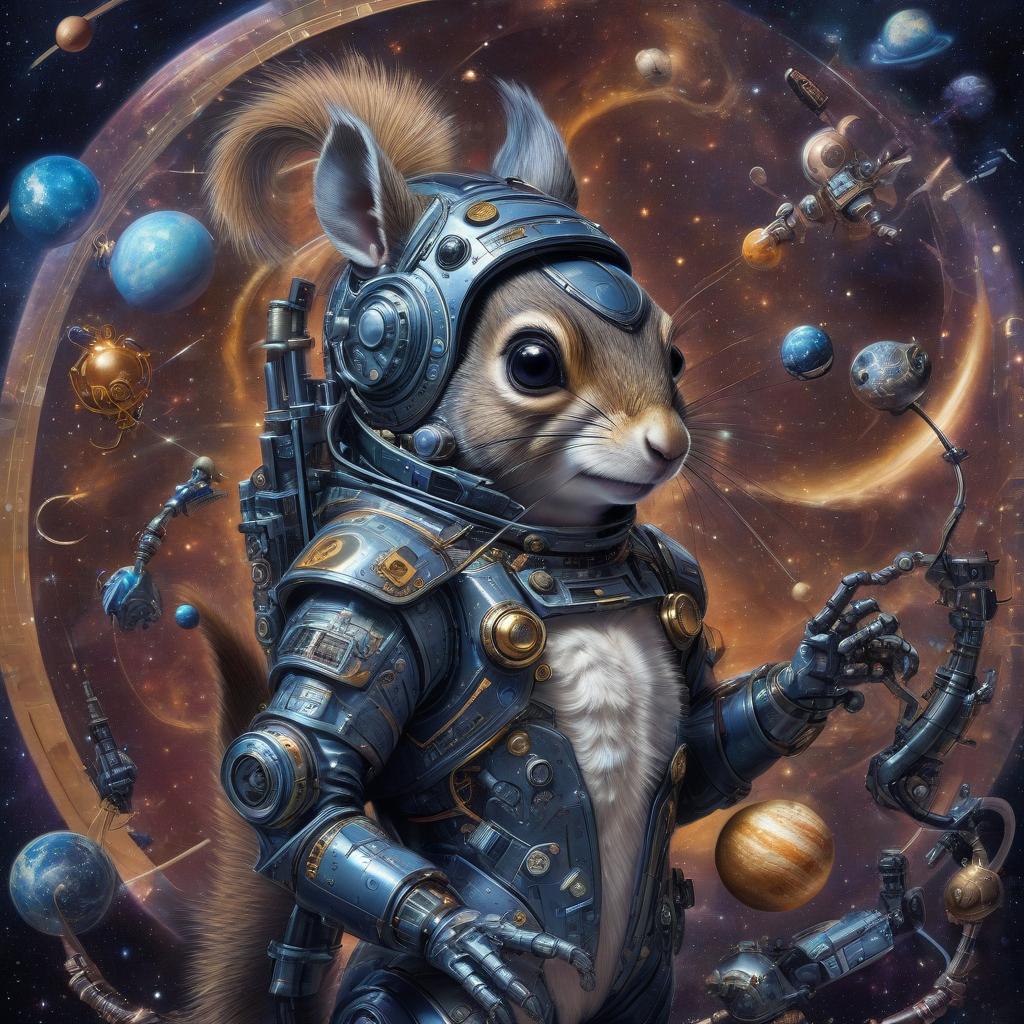  space themed cyberpunk, gothic, rococo, robot squirrel. . cosmic, celestial, stars, galaxies, nebulas, planets, science fiction, highly detailed