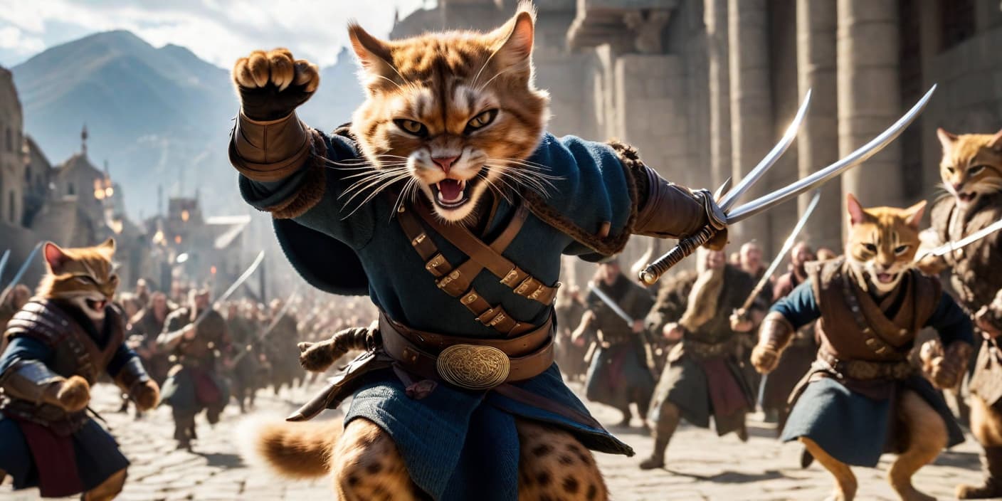  epic cinematic shot of dynamic Highlander Tabaxi fighting off horde of other tabaxi because there can only be one, black fur, displeased expression in motion. main subject of high budget action movie. raw photo, motion blur. best quality, high resolution