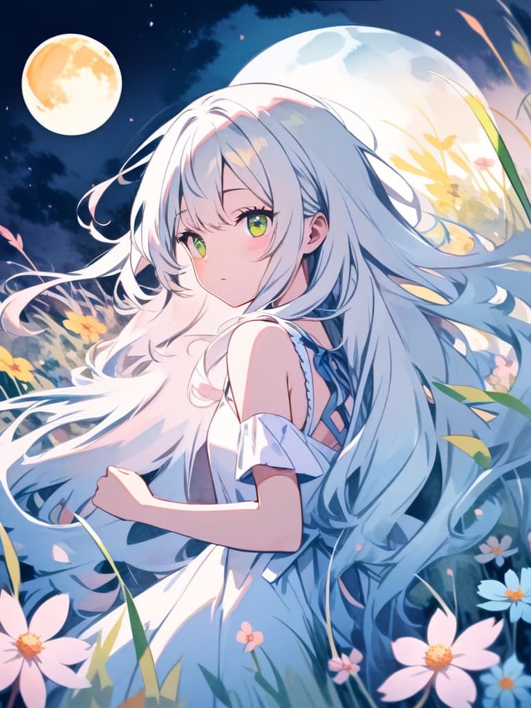  masterpiece,(pink,light blue,green,white,pastel watercolor style:2.0),(full moon night:1.5)(cosmos flowers and silver grass:1.7),( beautiful girl),(green eye color:1.5)(long hair:2.0) (in white dress:1.5)high resolution,8k