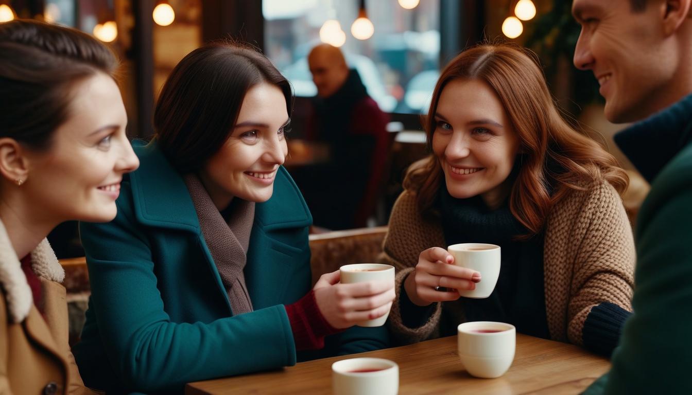  cinematic photo photographic image, autumn, friends: three 3 men aged 40 and 3 three women in a cozy cafe, they are cold, drinking hot mulled wine from glass cups, and talking, image detailing . 35mm photograph, film, bokeh, professional, 4k, highly detailed, perfect hands