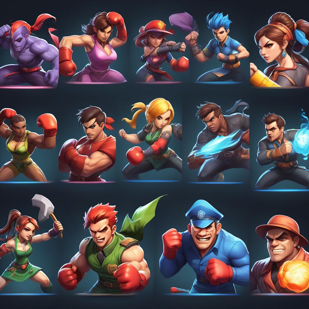  fighting game style icons of enterprises for a table economic game in the amount of 4 pieces . dynamic, vibrant, action packed, detailed character design, reminiscent of fighting video games