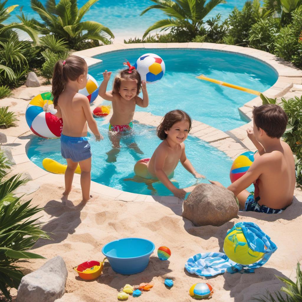  happy family on vacation, children playing in a pool, profile image style