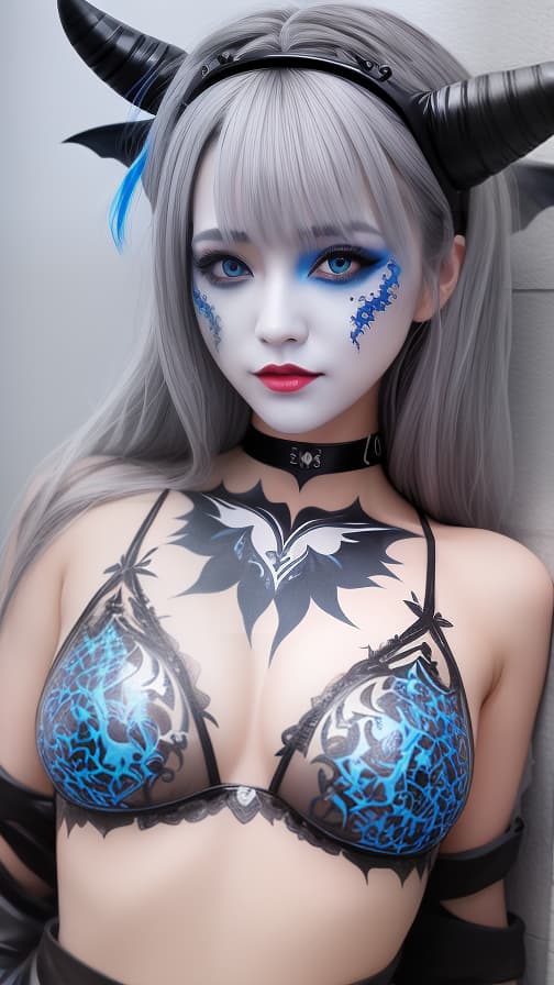  Blue and Blark flame pattern body paint in every corner of the whole body, Grey body paint full body,Grey face paint on the face, two succubus sisters, full body image 女性