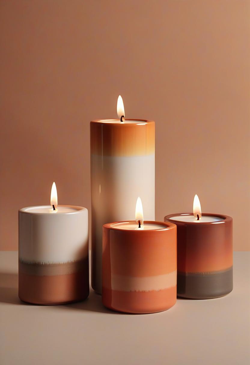  modern ceramic candle, warm colour tones, set of 3, decor piece, terrakotta, photorealistic, high detailed, simple background