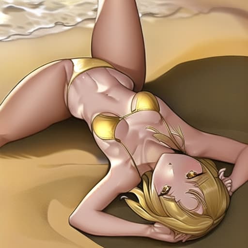  a lady wear gold color small bra and under wear big chest lying on the sand
