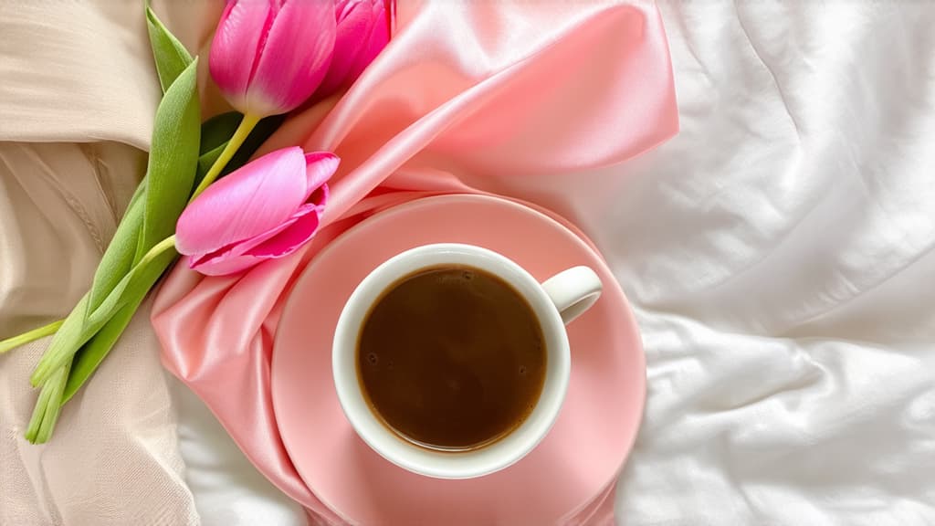  a cup of coffee and some pink tulips on a bed, romanticism, flowing salmon colored silk, pastel pink skin tone, beige, bed is not made, covered with blanket, with a white ar 16:9 {prompt}, maximum details