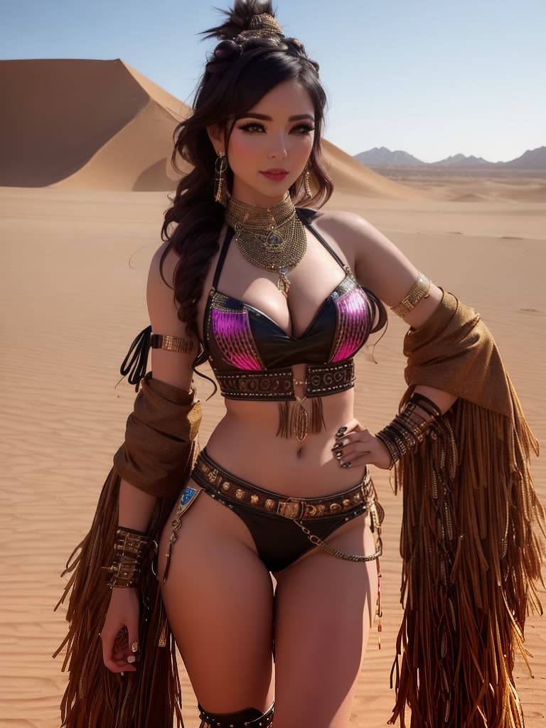  A medium, photo of a female influencer on the desert festival, dressed in a revealing rave outfit, decorated with fringe, bright outfit, steampunk style, daytime, desert background, sharp focus, cinematic, hd