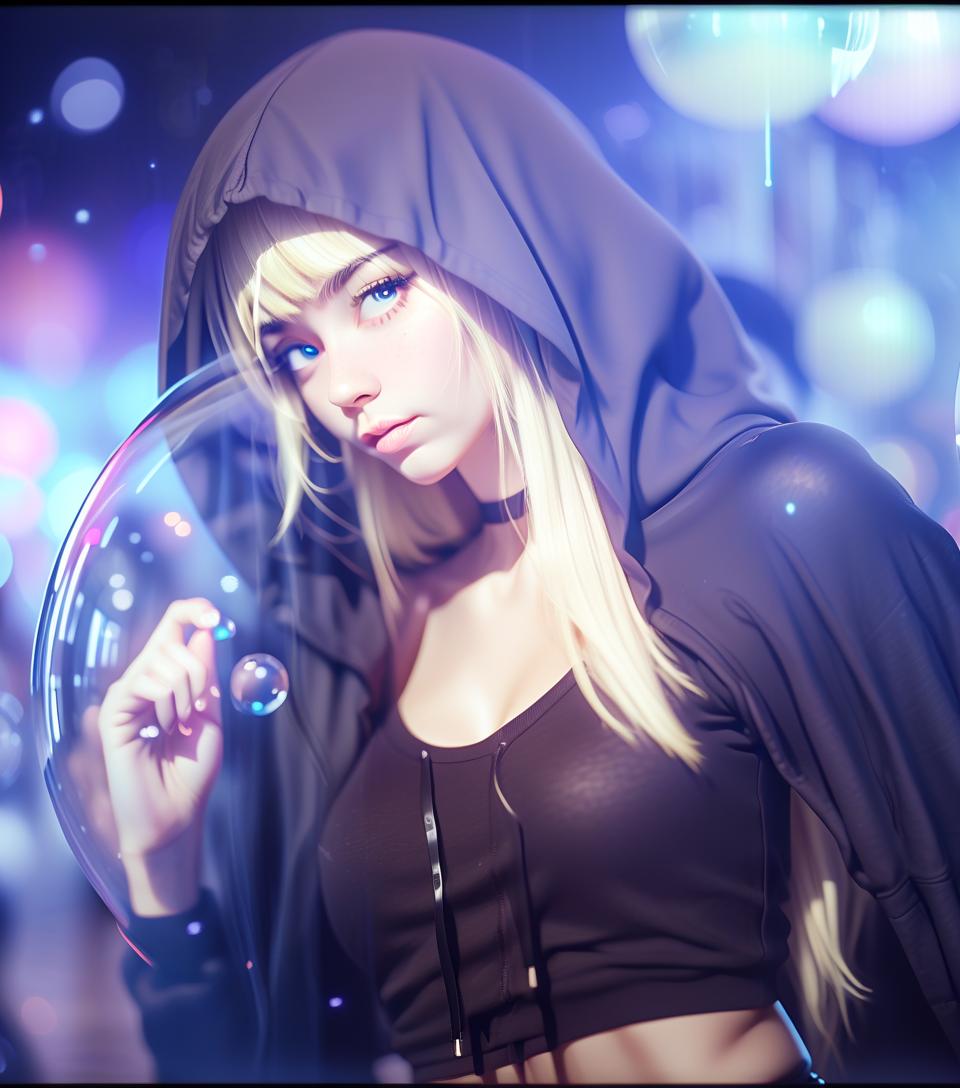  cinematic photo the girl is blonde, in a black top and hood, against the background of magic balls. . 35mm photograph, film, bokeh, professional, 4k, highly detailed, perfecteyes, hkmagic, glowneon