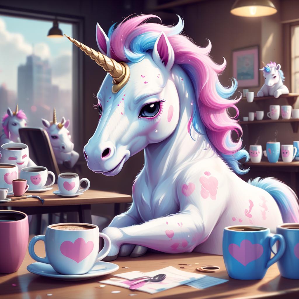  concept art cute white unicorn with pink and blue mane, dark circles under the eyes, tired and sleepy, sits at a table covered with a lot of coffee mugs . digital artwork, illustrative, painterly, matte painting, highly detailed, sticker