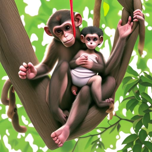  monkey holding a human baby hanging on the tree