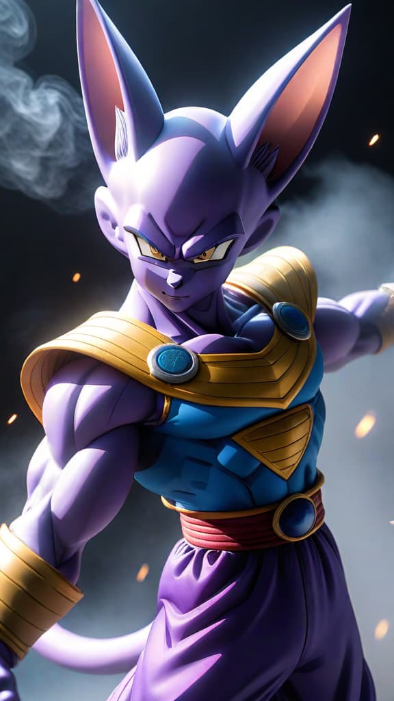  beerus from dragon ball gracefully dodging attacks from vegeta, piccolo, and gohan in a dynamic anime art scene hyperrealistic, full body, detailed clothing, highly detailed, cinematic lighting, stunningly beautiful, intricate, sharp focus, f/1. 8, 85mm, (centered image composition), (professionally color graded), ((bright soft diffused light)), volumetric fog, trending on instagram, trending on tumblr, HDR 4K, 8K