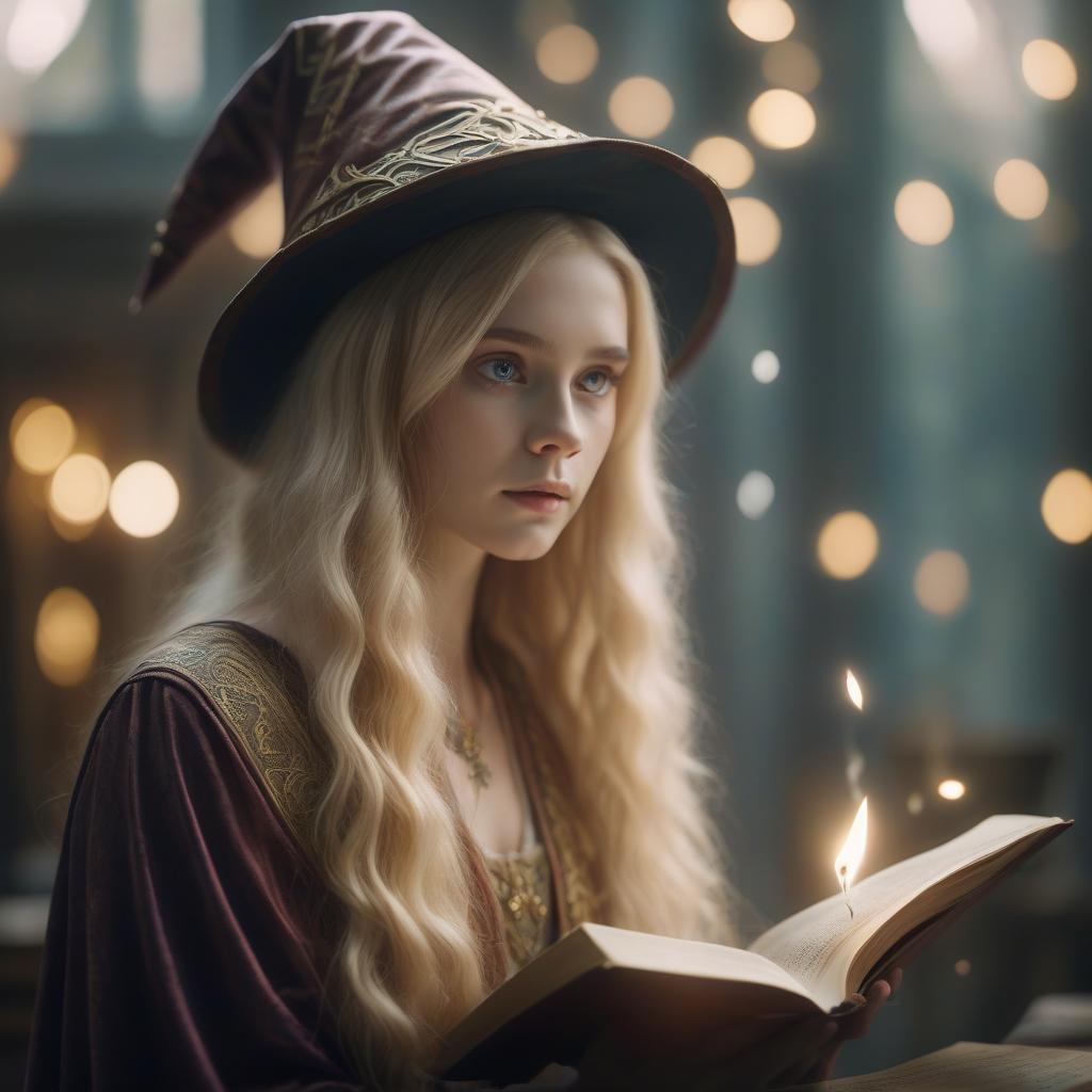  cinematic photo elfish long haired blonde wizard with book spells . 35mm photograph, film, bokeh, professional, 4k, highly detailed, hkmagic