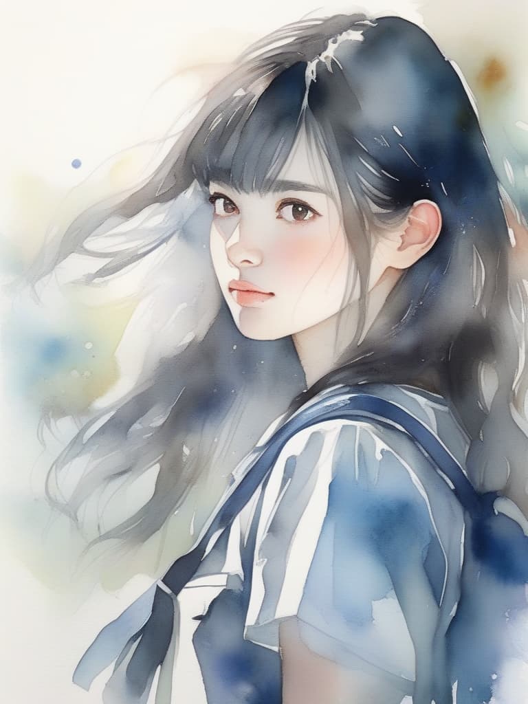  high school girl in black hair uniform, watercolor painting light color, masterpiece, best quality,8k,ultra detailed,high resolution,an extremely delicate and beautiful,hyper detail