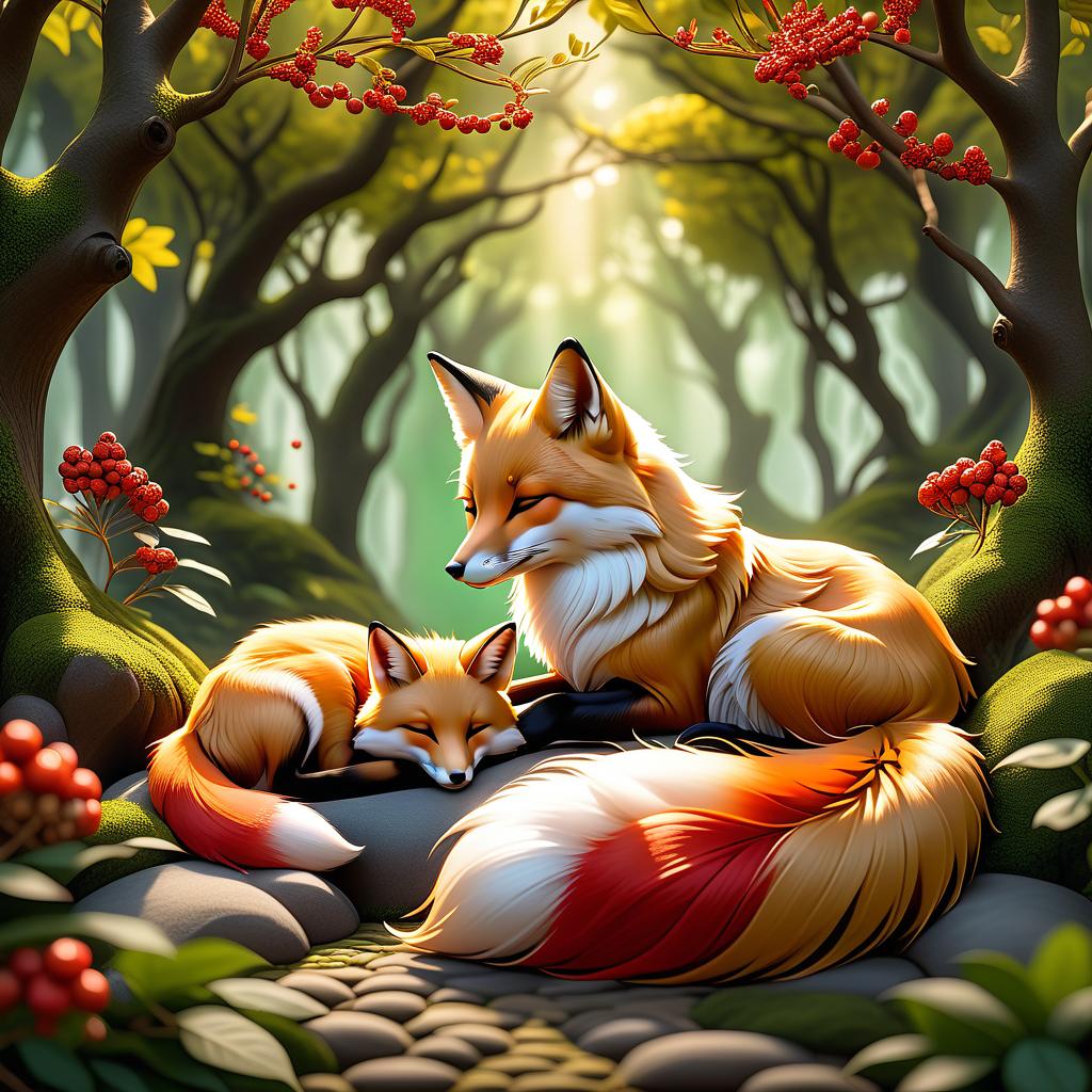  dreamscape (frame):gold round frame decorated with fancy oak leaves and rowan berries. (picture). animalism in fantasy style: little fox sleeping in the arms of big mum fox. appearance of a fox:sweetly sleeping curled up in a ball. (colours):orange, red, white, beige, gold, all shades of green, brown, brown gold. (style):animalism, fantasy, fairy tale, tenderness, kindness, calmness, cartoon . surreal, ethereal, dreamy, mysterious, fantasy, highly detailed, civitai, hkmagic hyperrealistic, full body, detailed clothing, highly detailed, cinematic lighting, stunningly beautiful, intricate, sharp focus, f/1. 8, 85mm, (centered image composition), (professionally color graded), ((bright soft diffused light)), volumetric fog, trending on instagram, trending on tumblr, HDR 4K, 8K