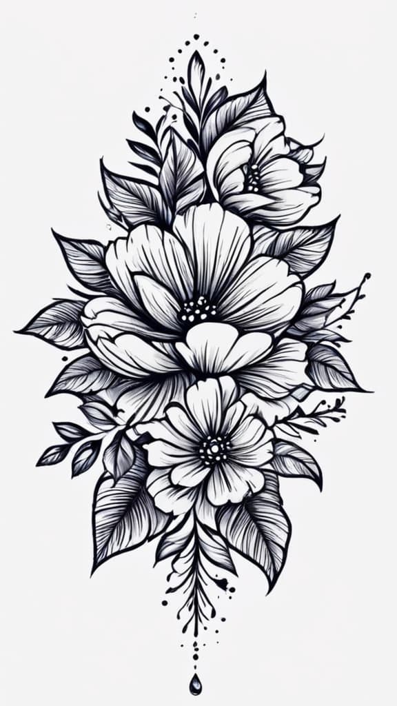  flower, (tattoo sketch:1.25), drawing