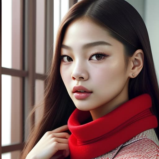  (--Style Photoralism, Jennie Kim) (full body) a close up of a woman with a red scarf on, blackpink jennie, popular south korean makeup, portrait of female korean idol, popular korean makeup, beautiful south korean woman, harpers bazaar, harper's bazaar, beautiful oriental woman, korean face features, dior campaign, korean audrey hepburn, vogue journal cover, inspired by Zhang Shuqi, detailed face of a asian girl