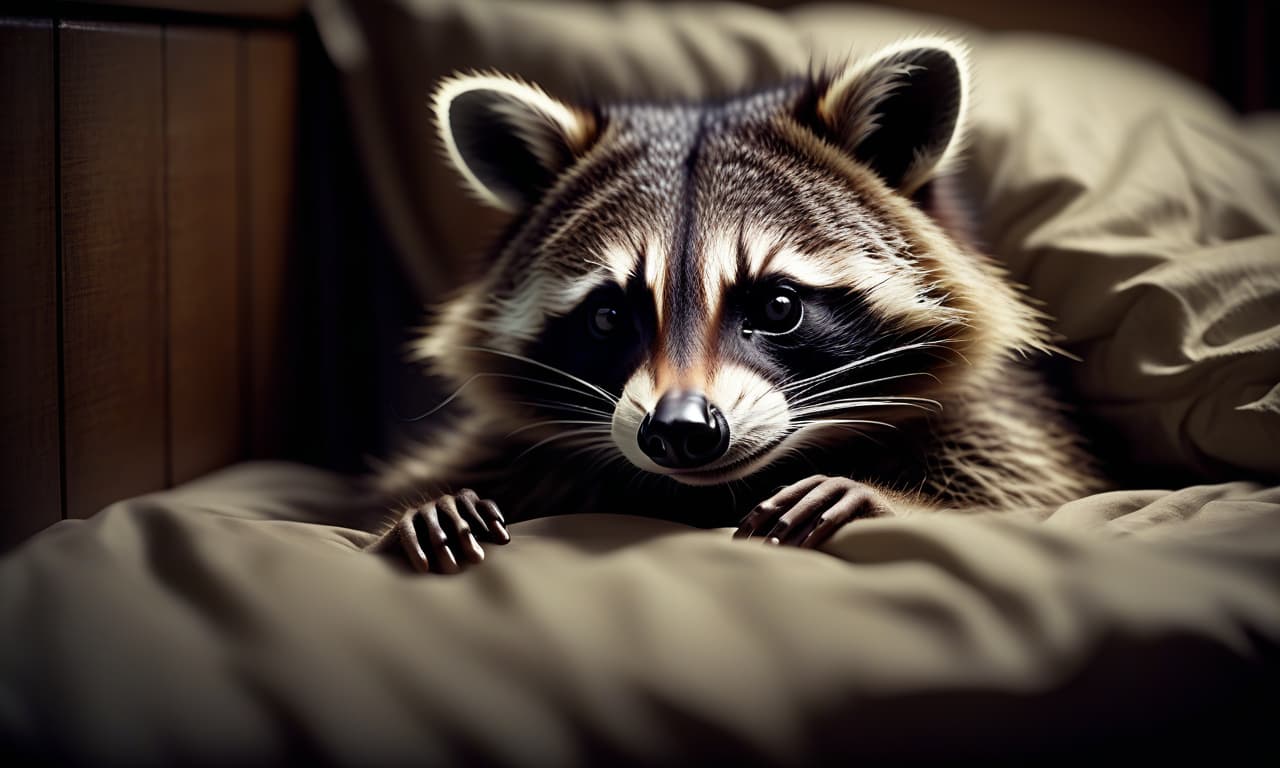  cinematic film still a cute raccoon sleeps in bed. on the wall sees a dark board for records . shallow depth of field, vignette, highly detailed, high budget, bokeh, cinemascope, moody, epic, gorgeous, film grain, grainy