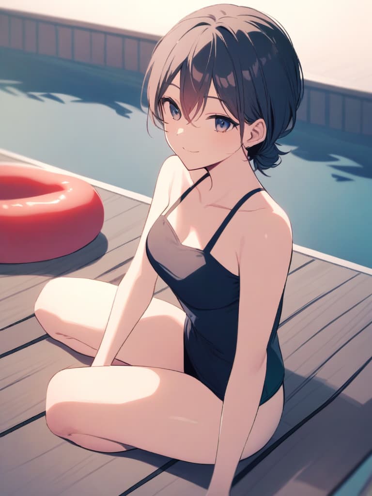  s (male ), short hair, cute smile, swimwear (dark blue ), male , whole body, pool side,