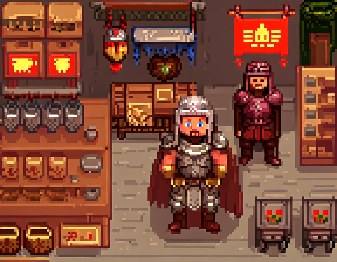  pixel art the action takes place in ancient russia. the armor master sells his goods in his shop. . low res, blocky, pixel art style, 8 bit graphics