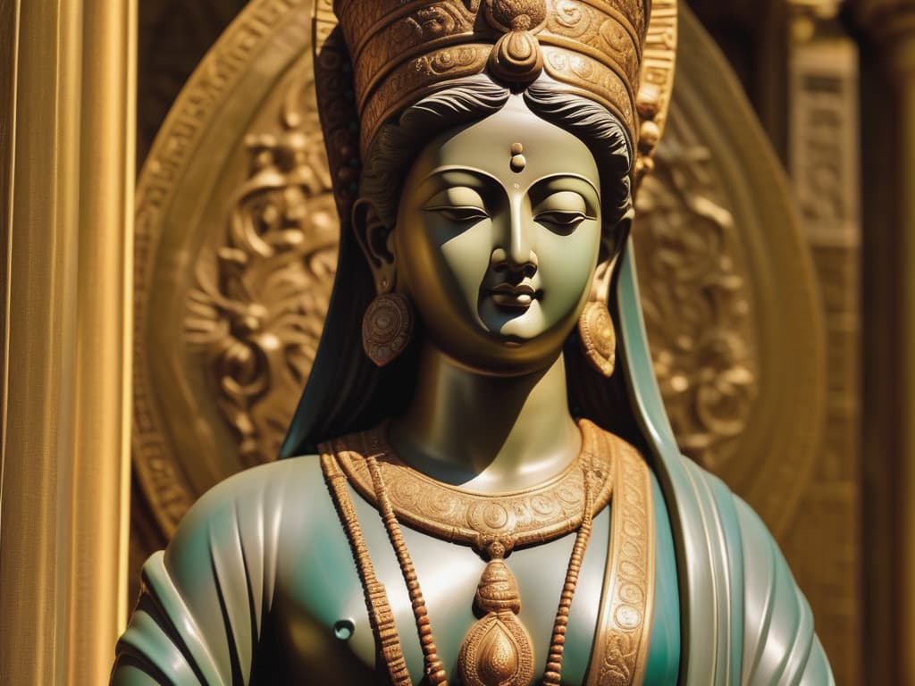  beautiful close up of an ancient eastern statue, serene divine expression