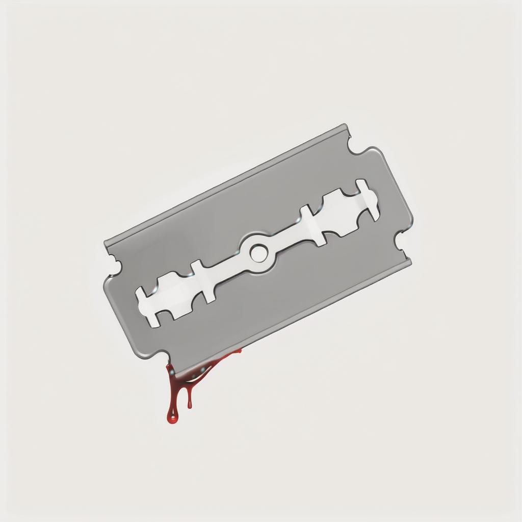  blood drips from the razor blade. simple white background without anything