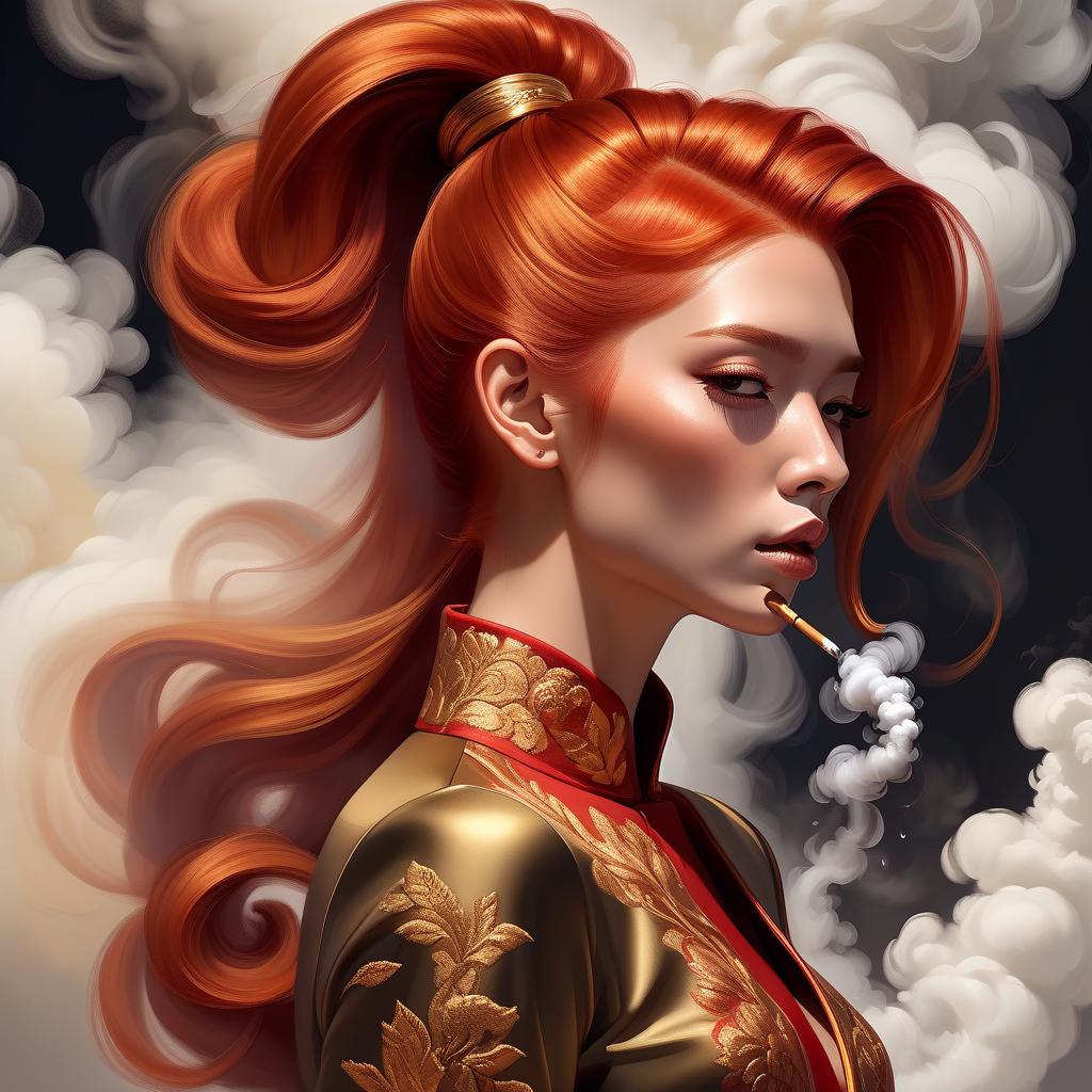  luxury product style a woman with red gold hair and a ponytail is blowing smoke into her hair and looking down at her hand, trending on art station, fantasy art, a digital painting . elegant, sophisticated, high end, luxurious, professional, highly detailed, hkmagic, oil painting