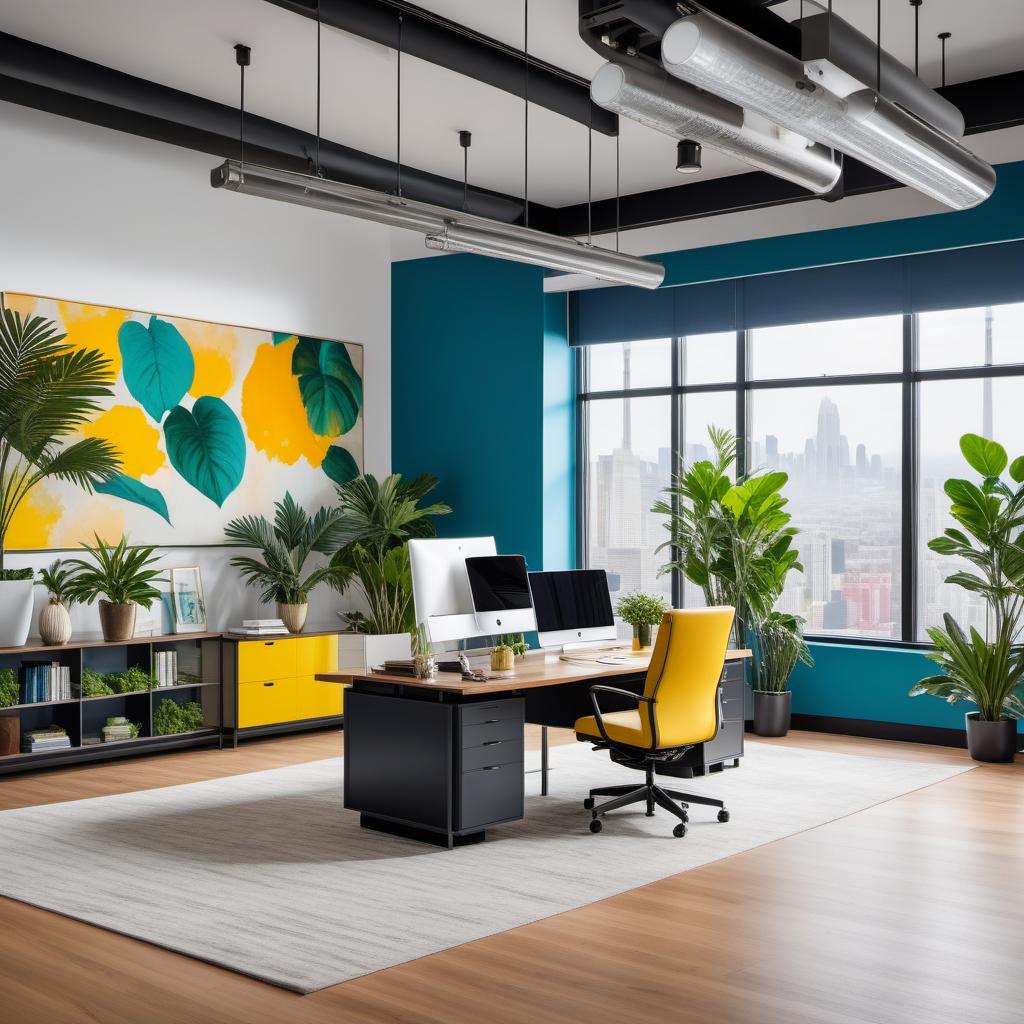  A vibrant, modern office space filled with colors that inspire, motivate, and give courage. The office should have elements like bright splashes of yellow, red accents, and soothing yet energizing shades of blue and green. Include sleek, contemporary furniture, plenty of natural light from large windows, and plants to add a touch of nature. hyperrealistic, full body, detailed clothing, highly detailed, cinematic lighting, stunningly beautiful, intricate, sharp focus, f/1. 8, 85mm, (centered image composition), (professionally color graded), ((bright soft diffused light)), volumetric fog, trending on instagram, trending on tumblr, HDR 4K, 8K