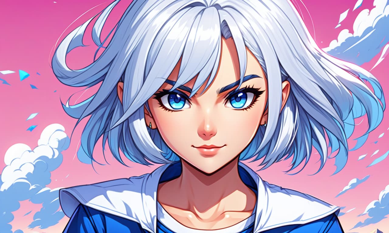  retro game art portrait , beautiful anime girl, with white hair, beautiful eyes, tight blue shirt , short haircut . 16 bit, vibrant colors, pixelated, nostalgic, charming, fun