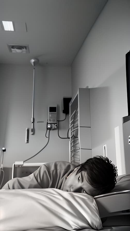  A man lying on a hospital bed in a dimly lit room