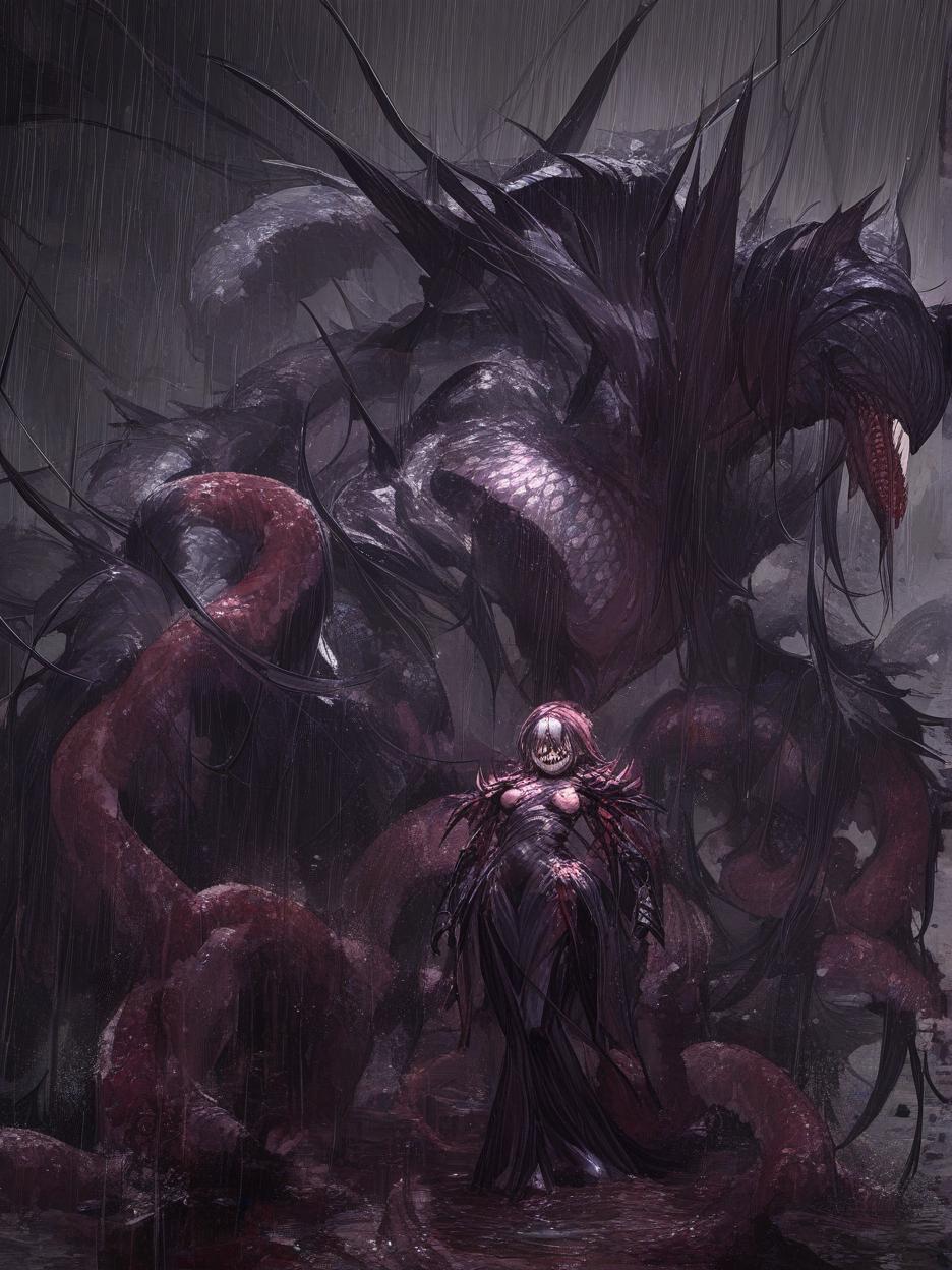  an anime photo of a sorceress wearing a mixture of matte black metal with armor of iridescent synthetic cloths. the woman transformed into a creature, merging with her armor, creating a terrifying smile, full of teeth, no eyes, with several red rune marks on her black body, tentacles on her back, and a monstrous body full of dangers. this creature is in a black forest with a rain and red thunder in the background . best quality, high resolution