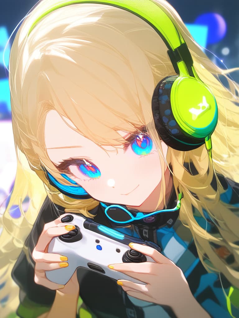  ,(1girl:1.5)(blond hair:2.0)( headphones🎧:2.0)(holding game controller🎮:2.0)( neon color:2.0)high quality,16k,cute face,neon blue eyes